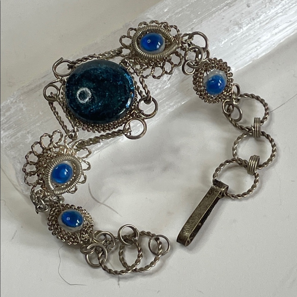 Vintage Art Deco Silver Metal Filigree Navy Blue Art Glass Bead Bracelet